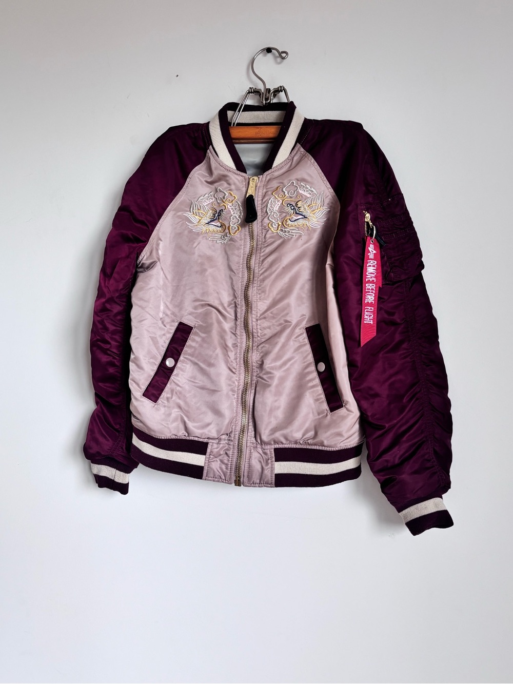Alpha Industries Women’s Satin Bomber Jacket - Dusty Pink & Burgundy - Picture 4 of 8